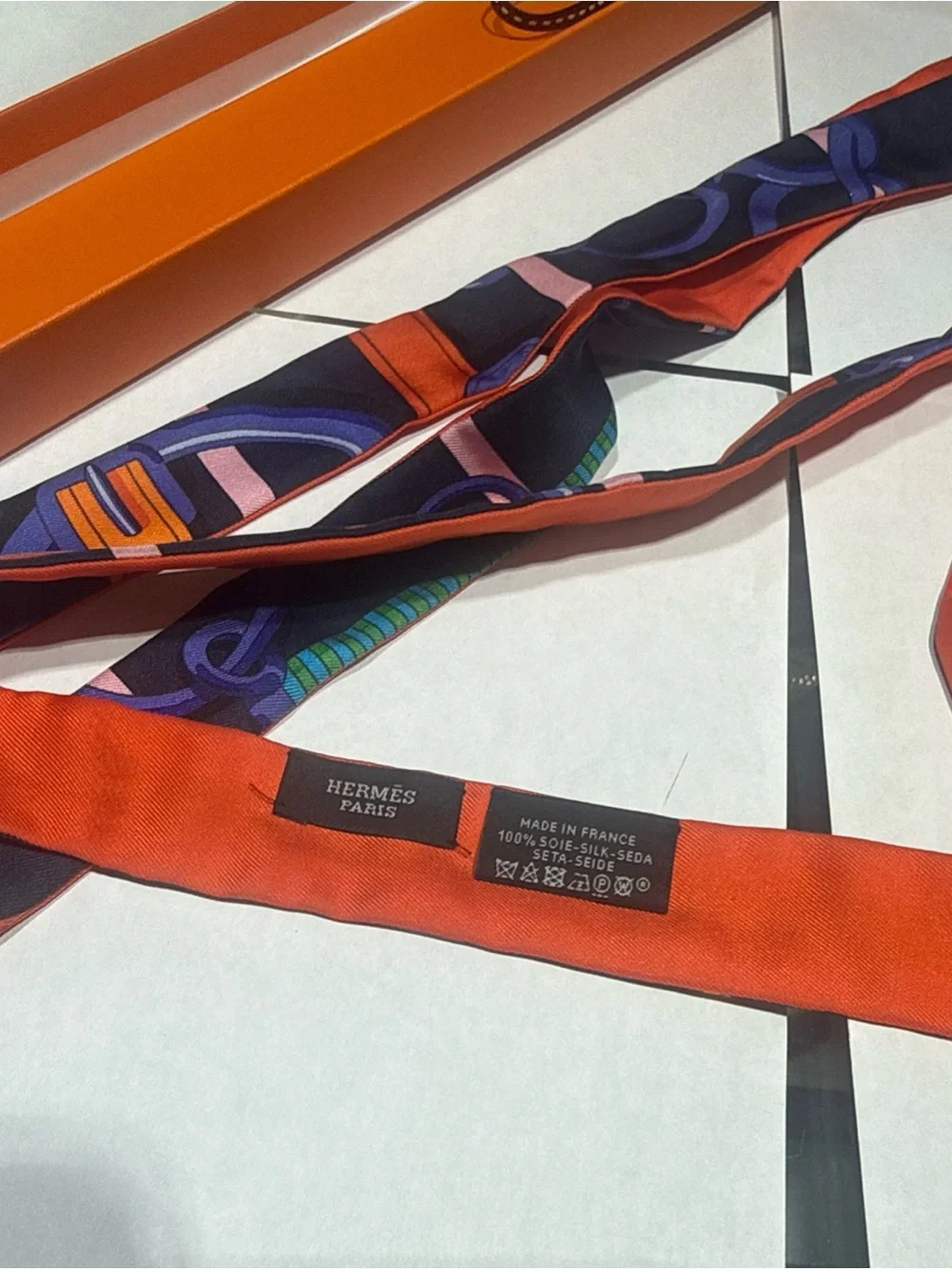 HERMES Twillon Scarf Silk Navy/Orange Original Box Great Gift
